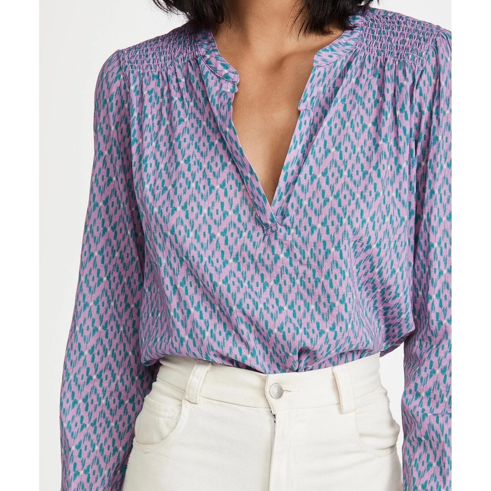 Xirena Top Purple Green Ikat Diamond Smocked Cotton V-Neck Blouse Top Boho Flowy